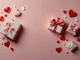 Valentine's Day flat lay composition with gift boxes and hearts on pastel pink background. Flat lay, top view. photo