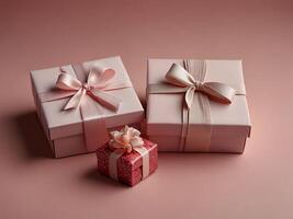 Valentine's Day flat lay composition with gift boxes and hearts on pastel pink background. Flat lay, top view. photo