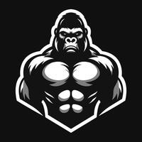 Powerful gorilla mascot design featuring bold muscles and intense expression on a black background in a striking graphic style vector
