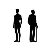 Silhouette of a Standing Young Man and Elderly Man Using Cane Representing Age Progression vector