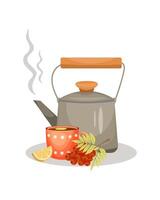 A teapot with a cup of tea and lemon and a sprig of rowan on a white background. vector