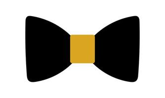 A black and gold bow tie is displayed on a white background. The bow tie is made of black fabric and has a gold band around it. The design of the bow tie is simple and elegant vector