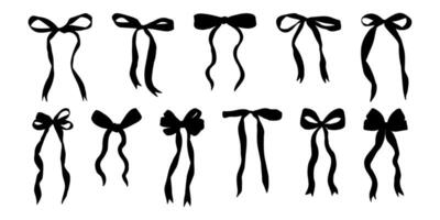 A series of black bows are shown in various positions. The bows are all the same size and shape, and they are all black. The image has a monochromatic color scheme, which gives it a simple vector
