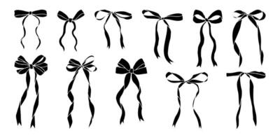 A series of black bows are shown in various positions. The bows are all different sizes and are arranged in a row. Concept of elegance and sophistication, as the bows are all neatly aligned vector