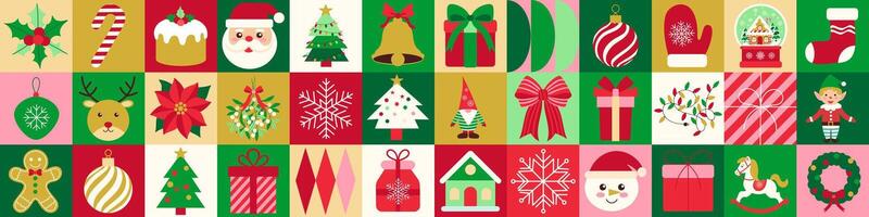 A colorful Christmas themed image with various decorations such as a Santa Claus, a Christmas tree, and a gingerbread man vector
