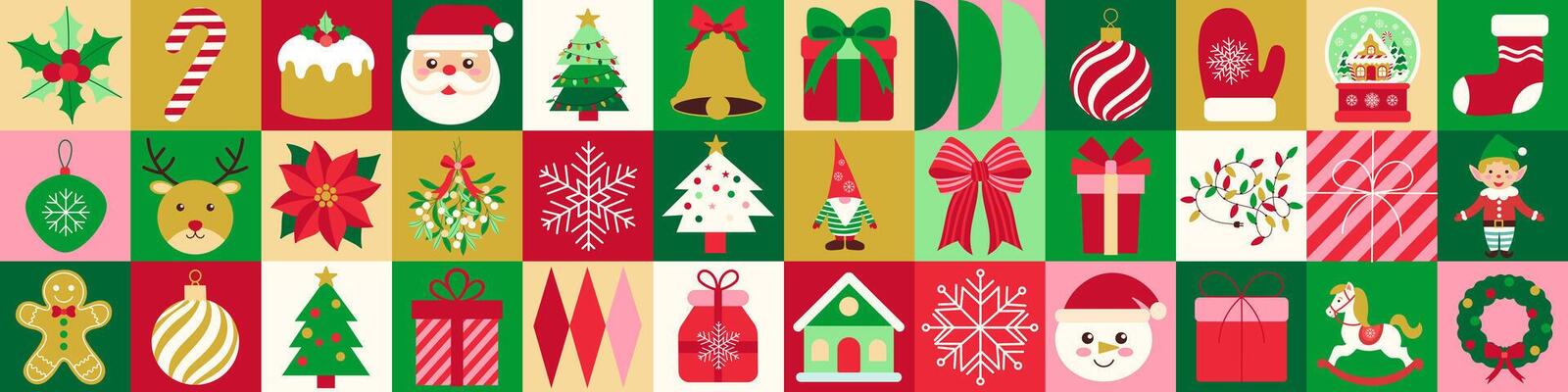 A colorful Christmas themed image with various decorations such as a Santa Claus, a Christmas tree, and a gingerbread man