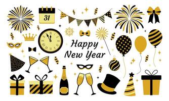 A colorful poster with a large clock and a Happy New Year message. The poster is filled with various party decorations such as balloons, hats, and glasses vector