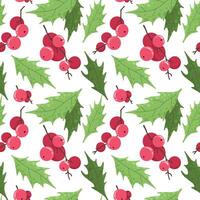 Seamless pattern with holly leaves and berries. Christmas background with botanical elements. vector