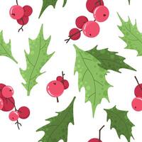 Seamless pattern with holly leaves and berries. Decor with Christmas elements in flat style. vector