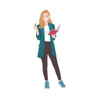 Young teacher on lesson holding book with pointer. vector