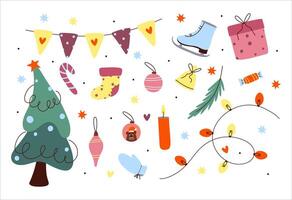 Hand drawn cute cartoon illustration of Christmas elements set. Flat winter stickers collection style. New Years icon for print. vector