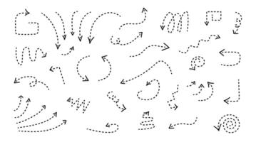 Curved thin arrows drawn by hand pointing in different directions. Doodle pointers with editable stroke. Black lines dotted vector