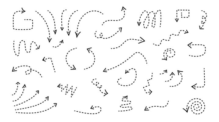 Curved thin arrows drawn by hand pointing in different directions. Doodle pointers with editable stroke. Black lines dotted