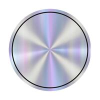 Hologram empty circular design featuring a smooth metallic surface with a gradient and central point of interest in a minimalist style. Holographic round blank sticker. vector