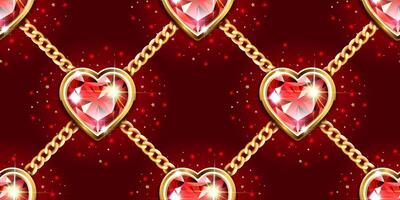 Seamless pattern with red ruby in the shape of a heart and gold chains. Checkered pattern. Background for Valentine's Day, birthday, anniversary, women's day. vector