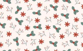 Funny Christmas seamless pattern in trendy Groovy Retro 70s style. Retro y2k style cartoon character. Cute poinsettia, rowan branch. illustration vector