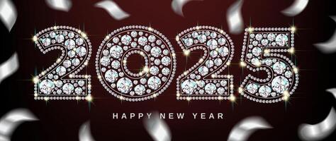 New Year 2025 luxurious numbers of diamond gemstones sparkling against a background of falling silver-colored confetti. Black background, vector