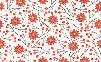Funny Christmas seamless pattern in trendy Groovy Retro 70s y2k style. Retro style cartoon character. Cute poinsettia, rowan branch. illustration vector