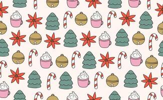Funny Christmas seamless pattern in trendy Groovy Retro 70s style. Retro y2k style cartoon character. Cute candy, tree, poinsettia, bell, hot cocoa drink. illustration vector