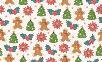 Funny Christmas seamless pattern in trendy Groovy Retro 70s y2k style. Retro style cartoon character. Cute Tree, Gingerbread, Poinsettia. illustration vector