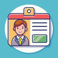 employee ID cards with smiling male avatars, featuring a clean and colorful design, badge holder, and personal information fields for identification. vector