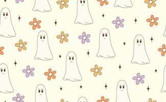 Funny Halloween seamless pattern in trendy groovy retro 70s style. Y2k collection. Retro y2k style. Cute Ghost and Daisy. Fun pumpkin character. illustration vector