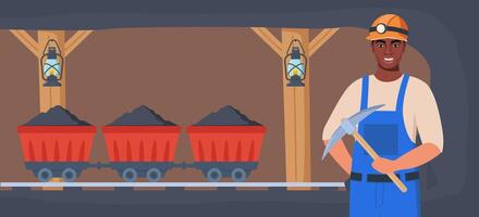 Coal mine tunnel. Trolley with coal in old mining cave interior. Miner man character, coal or minerals mining, African American worker in uniform with pickaxe. Coal mine tunnel. . vector