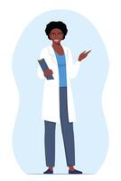 Doctor in medical uniform pointing and showing something with hand. Medicine worker black woman explaining and presenting something. flat illustration. vector