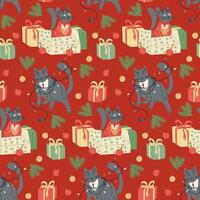 Seamless Christmas pattern with playful cats tangled in holiday lights and sitting with gifts on red background. vector