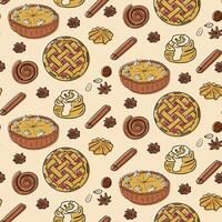 Seamless bakery pattern with pies, cinnamon rolls, and spices. Perfect for food related designs, packaging, and cozy autumn or winter projects vector
