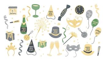 Colorful New Year illustration with celebration elements like hats, masks, champagne, balloons, gifts, fireworks, and clocks isolated on white background vector