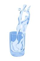 Illustration of water splashing into glass with dynamic motion, showcasing fluidity and clarity, ideal for hydration, freshness, and minimalistic design vector