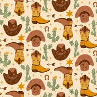 Seamless Wild Western pattern with cowboy boots, hats, cacti, sheriff badges on beige background. Hand drawn illustration. Perfect for textiles, wrapping paper, and rustic designs vector