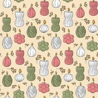 Seamless hygge pattern with decorative candles in various shapes, green, pink and white on beige background vector