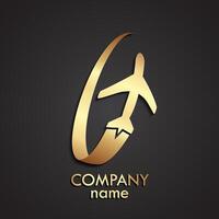3d gold plane fly symbol logo vector