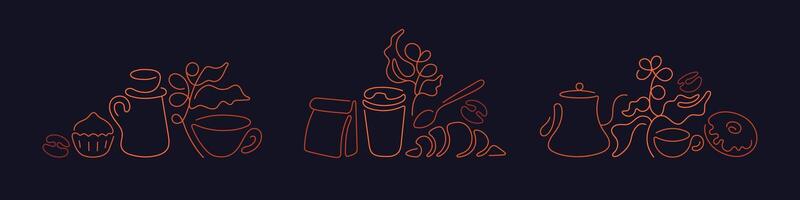 Coffee, cookie line set. Sketch cup, donut vector
