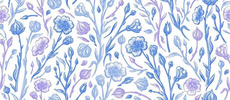 Flax flower, linen seamless pattern. Botany sketch vector