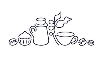 Coffee line label. Sketch of cup, muffin, raw bean vector