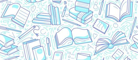 Open books pattern. Graphic line doodle print on white background. Library, lesson at school, lecture at university vector