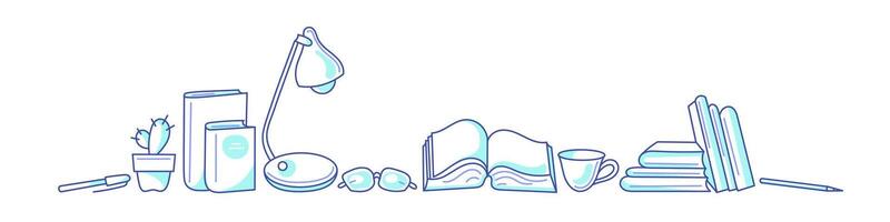 Library and books. Art line sketch. Desk border vector