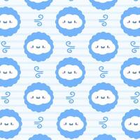 Cute pattern features cute kawaii style clouds with friendly faces, complemented by wind icons on a soft blue and white striped background. vector