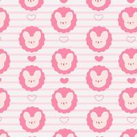 Cute pattern showcases a cute bunny face and heart icons in a kawaii style, set against a pink and white striped background. vector