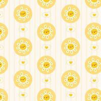 A cute pattern of smiling sunflower faces with heart accents in a soft yellow background. vector