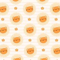 Cute pattern features adorable kawaii style cat faces in warm orange tones, accented with small flowers on a soft striped background. vector