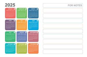 Multi colored calendar for 2025 year with space for notes vector