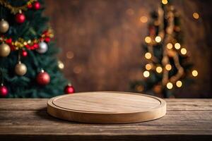 An empty podium for product demonstration, display montage with Christmas decor, bokeh, sequins and fairy lights. Copy space, Christmas and New Year. photo