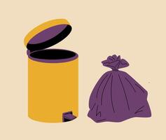 An open trash bin and a garbage bag. vector
