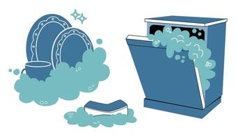 An illustration of washing dishes in the outline style. Plates and cups in foam, a sponge with detergent and a dishwasher. vector