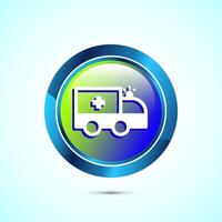 Ambulance icon design illustration. Emergency car, medicine van symbol. Glossy Round Button Design vector
