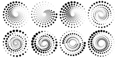 Halftone round elements, twisters, halftone circular textures with dots, circle halftone tornado vector